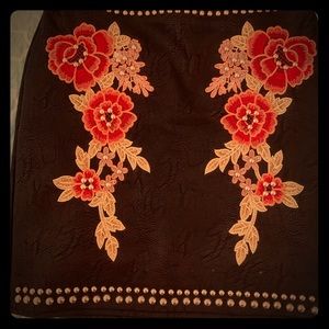 studded embroidered faux leather skirt